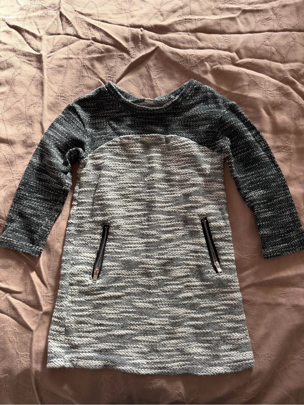 Knit Two-Tone Grey Sweater Dress with Zip Pockets
